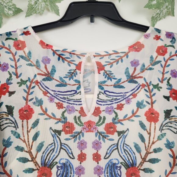 ELOQUII Size 16 Floral Birds Multicolor Mesh Long Sleeve Boho Stretch Dress - Picture 5 of 9